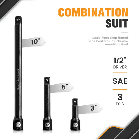 Half Inch Drive Impact Extension Bar Set For Socket Extensions, 3 Piece, 3, 5, And 10 Inch Lengths, Premium Chrome Vanadium Steel