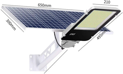 JUDYSSY 350W 450W 600W Solar Street Lights Outdoor Lamp with Remote Control showing solar panel and LED light dimensions.