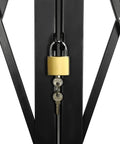 Heavy Duty Double Folding Security Gate Built Like A Tank For Garage And Warehouse With Rock Solid Expandable Metal Scissor Design And Four Lockable Rolling Casters, close-up of lock and keys.
