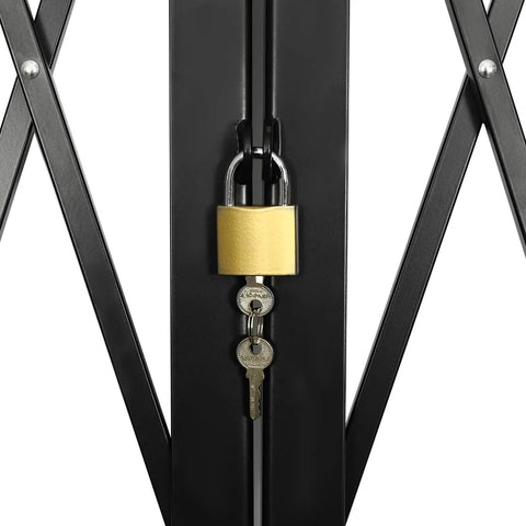Heavy Duty Double Folding Security Gate Built Like A Tank For Garage And Warehouse With Rock Solid Expandable Metal Scissor Design And Four Lockable Rolling Casters, close-up of lock and keys.