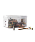 Tough As Nails Ten By Three Inch Deck Screws With Square Robertson Drive and Bugle Heads For Smooth Driving Rock Solid Grips and Rust Busting Protection Using Gilded Zinc Plated Finish In One Hundred Piece Box in clear container.