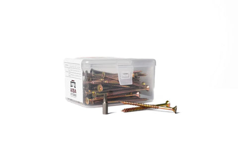 Tough As Nails Ten By Three Inch Deck Screws With Square Robertson Drive and Bugle Heads For Smooth Driving Rock Solid Grips and Rust Busting Protection Using Gilded Zinc Plated Finish In One Hundred Piece Box in clear container.