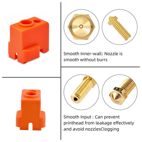 Hotend Upgrade For Vyper And Kobra Series 3D Printers, orange silicone sock, brass volcano nozzles, smooth inner-wall