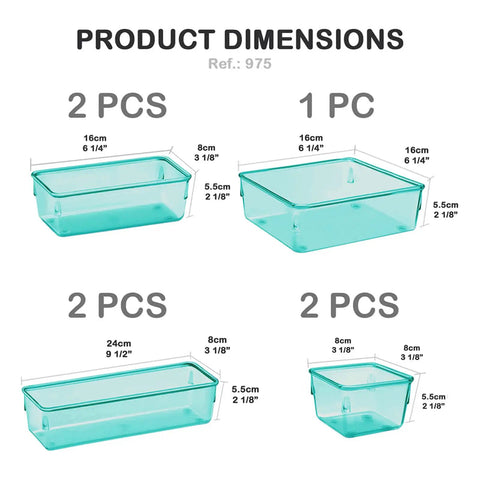 Modular Drawer Organizer Set With Seven Bins In Four Sizes For Office Home Makeup And Kitchen Clear Green Plastic Storage Trays That Keep Your Junk Drawer Tidy And Easy To Find, showing product dimensions.
