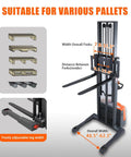 Image showing adjustable fork widths of 3300 Lbs Full Electric Walkie Stacker Material Lift With Straddle Legs And Adjustable Forks Up To 98 Inches Max Lifting Height.