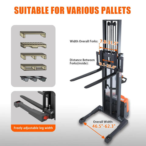 Image showing adjustable fork widths of 3300 Lbs Full Electric Walkie Stacker Material Lift With Straddle Legs And Adjustable Forks Up To 98 Inches Max Lifting Height.