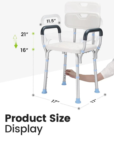 Heavy Duty Adjustable Shower Chair For Inside Shower With 500 Lb Capacity Oversize Bath Seat With Anti Slip Rubber Tips Supports Elderly And Disabled Durable Rust Resistant Stool For Home Use shown with dimensions.