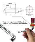 Diagram and tool for changing 3D printer nozzles, shows hex wrench for 6mm M6 threading, part of 24 Piece Brass MK8 3D Printer Nozzle Set