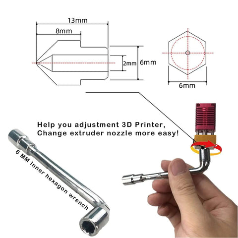 Diagram and tool for changing 3D printer nozzles, shows hex wrench for 6mm M6 threading, part of 24 Piece Brass MK8 3D Printer Nozzle Set