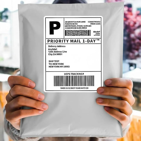 Heavy Duty Weatherproof 12x15.5 Poly Mailers 100 Pack with label held by hands
