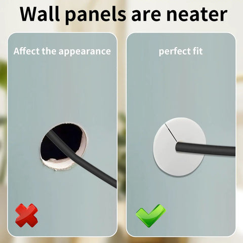 Comparison of messy cable hole vs. neat installation using Slick Starlink Cable Routing Kit For One Inch Wall Holes With Heavy Duty Wall Bushing And Snappy Ethernet Grommet For No Hassle Cable Management To Keep Your Setup Snazzy And Weather Sealed Two Pack White.