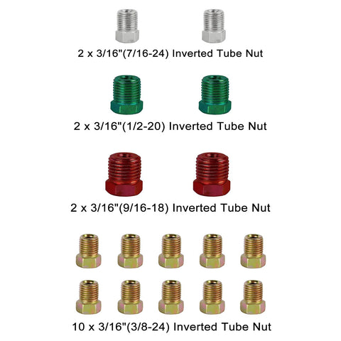 Assorted 3/16 in inverted tube nuts kit: 2 silver 7/16-24, 2 green 1/2-20, 2 red 9/16-18, 10 gold 3/8-24