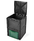 Outdoor Garden Compost Bin 80 Gallon 300L BPA Free Plastic No Fuss Easy Setup Barrel shown with open lid, black with green panel.