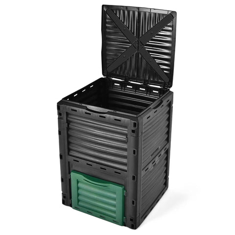 Outdoor Garden Compost Bin 80 Gallon 300L BPA Free Plastic No Fuss Easy Setup Barrel shown with open lid, black with green panel.