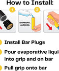 Racers Edge Silicone MTB Grips installation steps with images: install bar plugs, add alcohol to grip, slide grip onto bar.