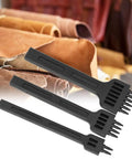 Leather Craft Stitching Punch Tool Set 3 Piece 2 Prong 4 Prong 6 Prong Chisel 4mm shown over leather rolls background