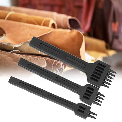 Leather Craft Stitching Punch Tool Set 3 Piece 2 Prong 4 Prong 6 Prong Chisel 4mm shown over leather rolls background