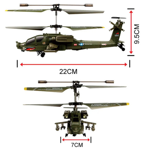 Lil Palm Size Infrared Indoor RC Helicopter S109G side and front views, 22cm long, 9.5cm high, olive green with details.