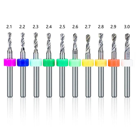 Pro Grade Printed Circuit Board Drill Bit Set, 10 Piece Twist Bits from 2.1mm to 3.0mm, carbide mini drill bits for CNC machines
