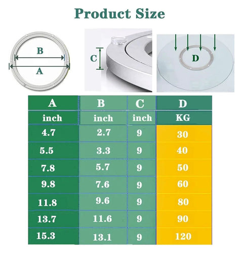 Sizing chart for Lazy Susan Turntable With Heavy Duty Metal Bearing 300 400 500 600mm Anti Rust Aluminum Alloy Smooth Ball Bearing