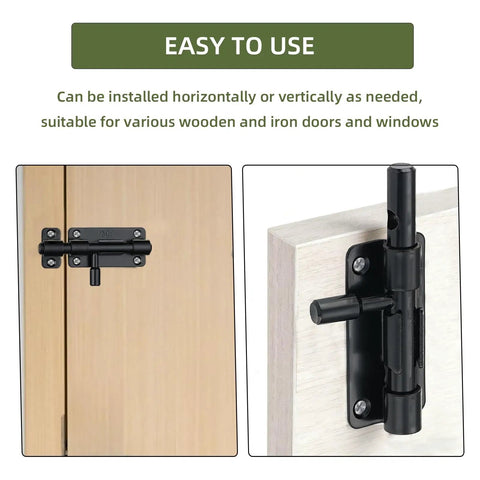 Heavy Duty Door Barrel Slide Bolt Latch Rock Solid 304 Stainless Steel Rust Proof Gate Lock installed on wooden door.