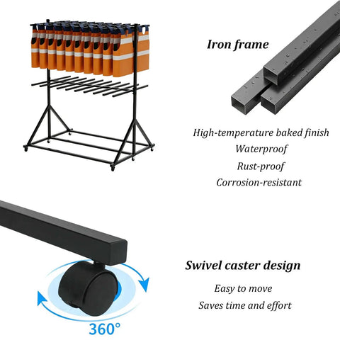 Sturdy Built Tough Heavy Duty Life Vest Organizer Rack With Smooth Rolling Swivel Wheels For Poolside Deck Storage features iron frame.
