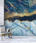 144 Inch By 100 Inch Self Adhesive Wallpaper Roll In Blue Marble Abstract Stone Texture With Dope Gold Accents Peel And Stick Waterproof PVC Wall Mural For Living Room Bedroom Bathroom Home Decor showcased in modern living space.
