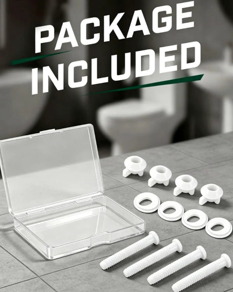Hella Solid 4 Pack Toilet Seat Screws With Nuts And Washers, heavy duty plastic bolts in clear storage case.