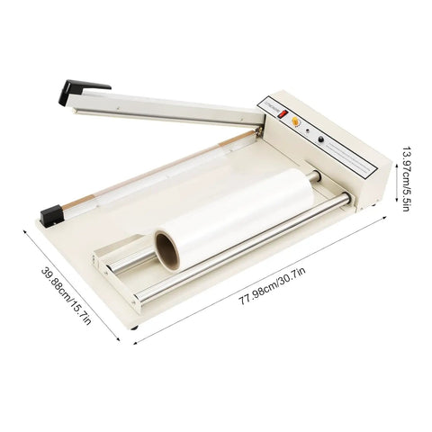AOXHUGB 24 Inch Shrink Wrap Machine With Heat Gun, 572 To 968 Degree Adjustable Temperature For Various Plastic Packing Bags, Fast Sealing And Cutting Tool For Home Or Business Packaging Solutions, showing machine dimensions.