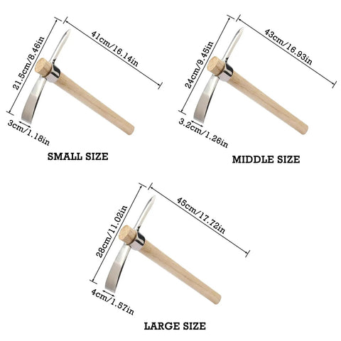 Diagram showing small, middle, and large sizes of Heavy Duty Stainless Steel Double Headed Pickaxe With Wooden Handle For Garden And Landscaping A True Yard Workhorse That Is Rust Resistant And Ergonomic For Digging Cultivating And Aerating Soil Large Size.