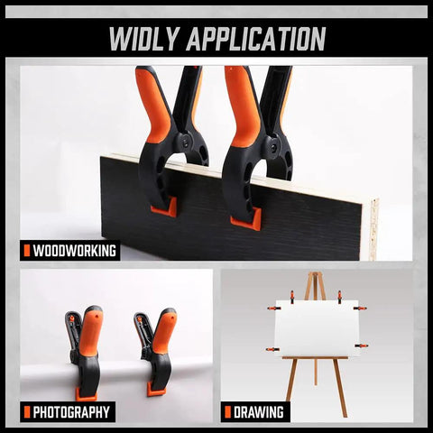 Straight Up Badass Six Piece Wood Clamping Kit Featuring Quick Release Bar Grips and Heavy Duty Spring Tools for woodworking and photography projects.