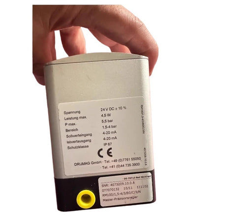 Electric proportional valve with silver housing and yellow inlet port; 24 V DC automotive part