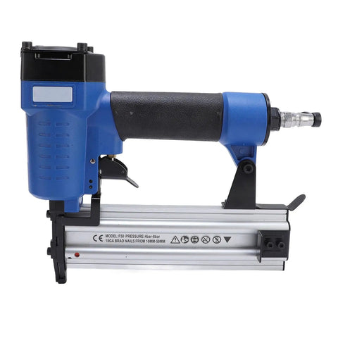 Badass Pneumatic Brad Nailer Aluminum Alloy Air Powered Nail Gun for 10-50mm fasteners, blue and silver with ergonomic grip.