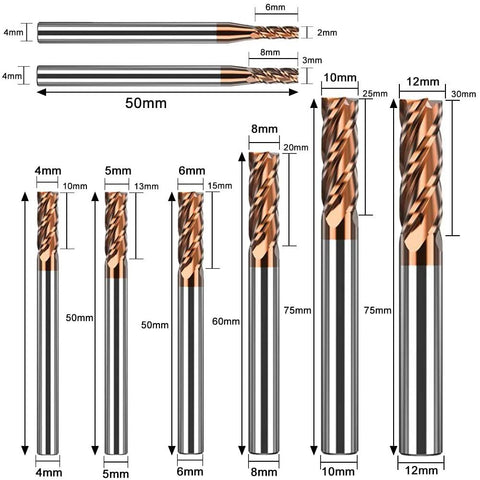 ASNOMY 8pcs carbide square end mill set, 2–12 mm, 4-flute, AlTiN-coated for hard steels