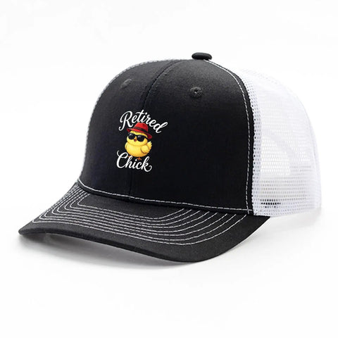 Women's Washed Cotton Trucker Cap With Adjustable Strap Lightweight Cool Dad Hat with 'Retired Chick' design, black mesh back.