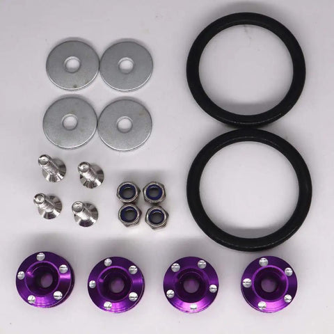 Universal Aluminum Bumper Fastener Kit with Quick Release Bolts and Washers in purple, including T6 6061 billet aluminum components.