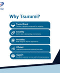 Image showing Tsurumi Pump features: trusted brand, durability, versatility, efficiency, support with logo and design elements.