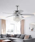 Chandelier Style Modern Ceiling Fan With Lights And Remote, Fandelier With Five Wood Blades in a stylish living room setting.