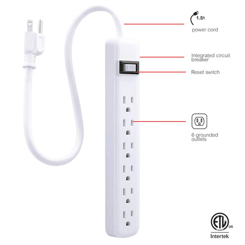 Six Outlet Power Strip Two Pack With One Point Five Foot Heavy Duty Extension Cord Grounded 3 Prong Wall Mount Circuit Breaker ETL Listed White Ideal For Home Office Garage Workshop Electronics Hub with features labeled in white.