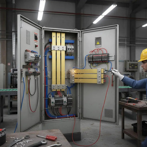 Technician working on a control panel with Solid Brass Flat Bar Stock 2mm Thick 500mm Long Rectangular Brass Plate for wiring.