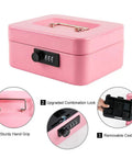 Medium Cash Box With Combination Lock, built tough metal money safe with removable tray, pink finish, 7.87 x 6.30 x 3.54 inches