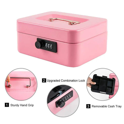 Medium Cash Box With Combination Lock, built tough metal money safe with removable tray, pink finish, 7.87 x 6.30 x 3.54 inches
