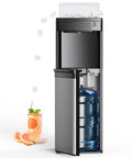 Bottom Loading Four In One Water Dispenser With Built In Bullet Ice Maker pouring cold and hot water beside ice cubes.