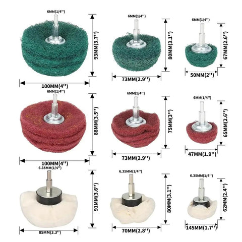 10 Piece Nonwoven Abrasive Buffing Wheel Set With One Quarter Inch Shank For Polishing And Surface Prep in various sizes