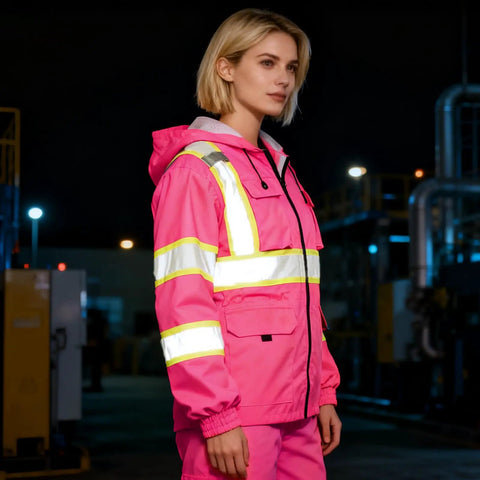 Woman wearing a pink size large Women Hi Vis Safety Jacket With Hood Built For Work, Waterproof Winter Coat With Reflective Strips