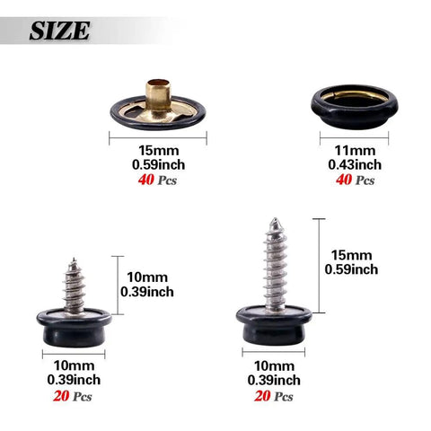 Beefy All Weather Marine Grade Canvas And Upholstery Boat Snap Button Fastener Kit With Brass Nickel Plated Snaps And Stainless Steel Screws, 40 Sets With Setting Tools, Durable Black, detailed size view.
