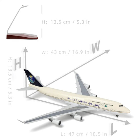 Saudi Arabian Boeing 747-400 1/160 Diecast Model Airplane With Stand Pre Built Scale Plane For Grown Ups Aviation Enthusiasts Gift For Collectors Hard Resin Painted Finish displaying size measurements.