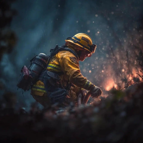 Grab And Go Six Piece Firefighter Tools Set For Emergency Response And Rescue, firefighter in yellow gear using rescue tool at fire scene