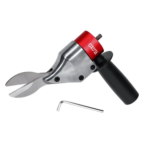 Drill Metal Shear Attachment With 360 Degree Pivoting Head For Cordless Drills, shown with hex key and black handle grip.