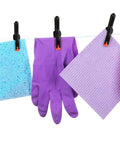 20-Pack Nylon Plastic Spring Clamps Four Sizes With String Bag Organizer holding cleaning items including sponge and glove